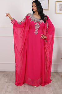 Jalabiya Robe Dubai Manches longue Rose ornée de Strass et de Pierres