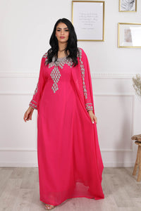 Jalabiya Robe Dubai Manches longue Rose ornée de Strass et de Pierres