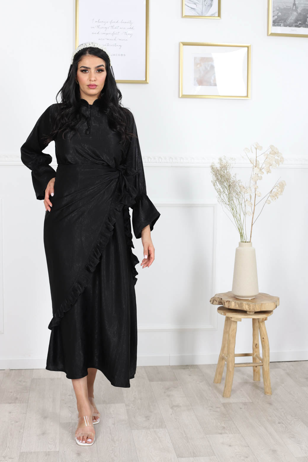 Ensemble Robe longue avec tablier à nouer noir soie de velours