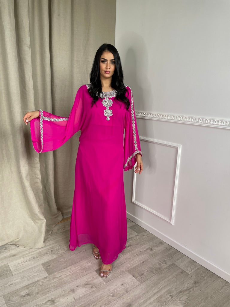 Jalabiya Robe Dubai Manches longue Rose Fushia ornée de Strass et de Pierres