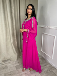 Jalabiya Robe Dubai Manches longue Rose Fushia ornée de Strass et de Pierres