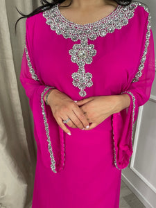 Jalabiya Robe Dubai Manches longue Rose Fushia ornée de Strass et de Pierres