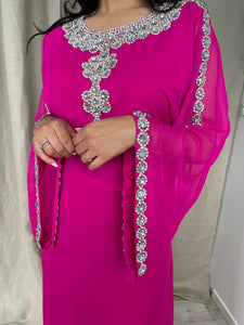 Jalabiya Robe Dubai Manches longue Rose Fushia ornée de Strass et de Pierres